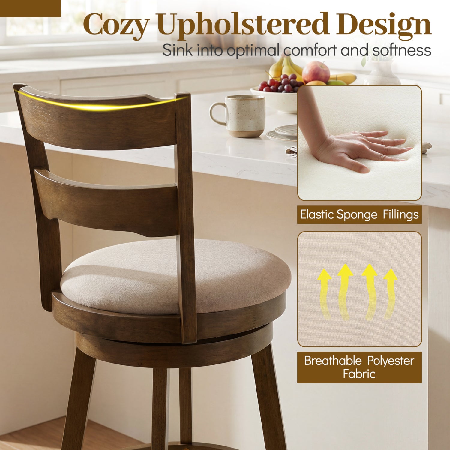 30.5 Inch Swivel Barstools with Backrest & Upholstered Seat-Set of 2