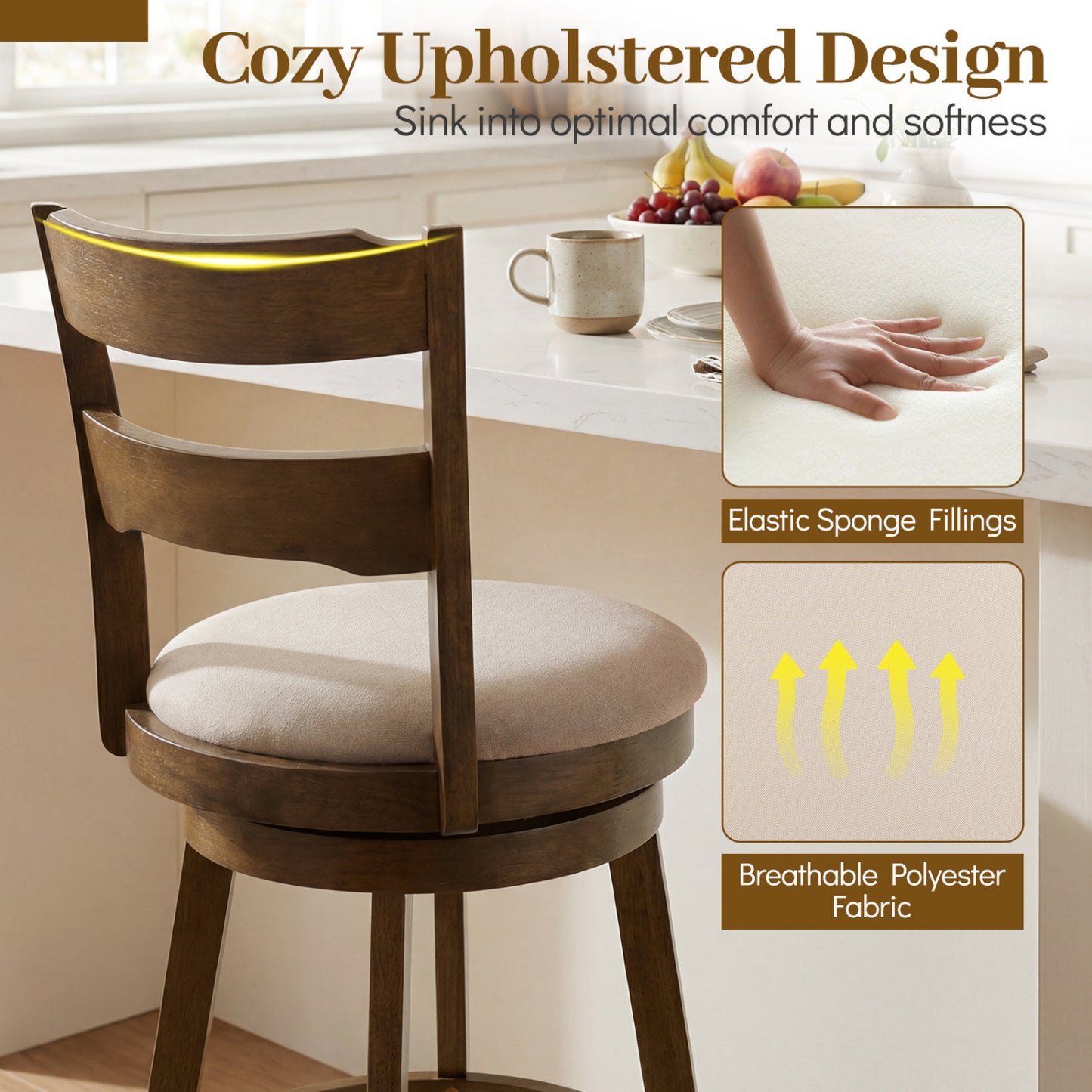 30.5 Inch Swivel Barstools with Backrest & Upholstered Seat-Set of 4