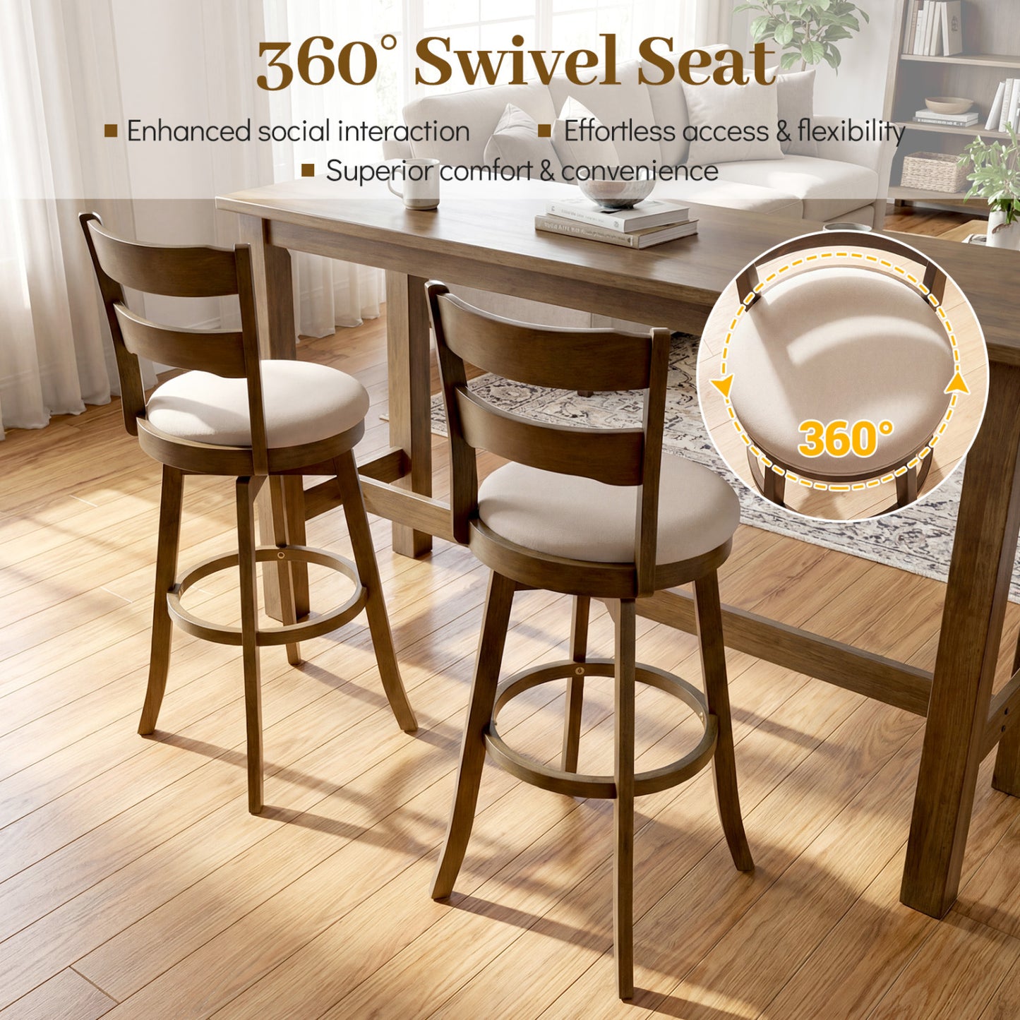 30.5 Inch Swivel Barstools with Backrest & Upholstered Seat-Set of 4