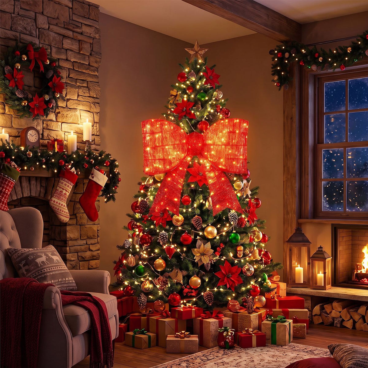 30" Christmas Lighted Bow Decoration Set of 2 with 120 Pre Lit Warm White LED Lights