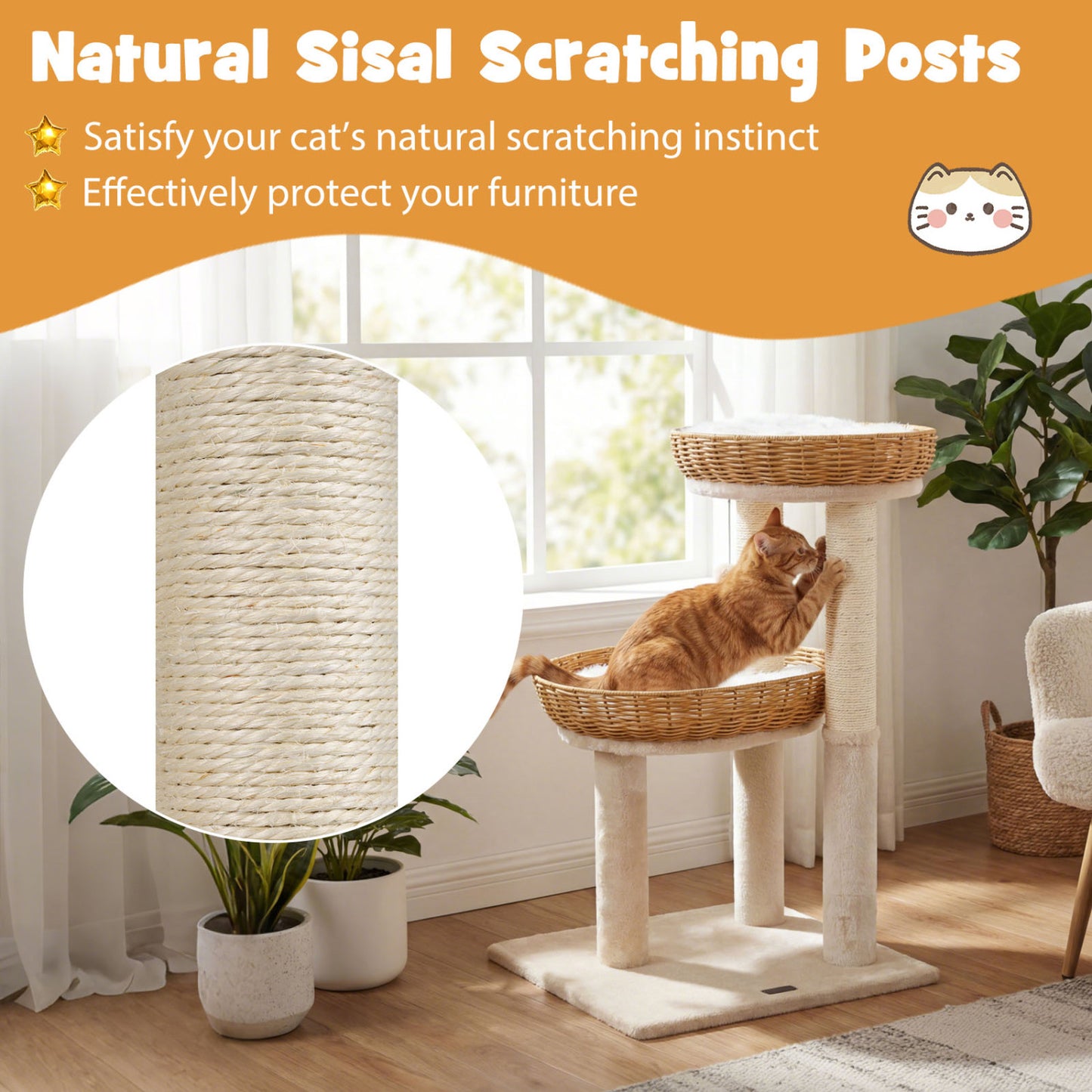 30-Inch Cat Tower with 2 Rattan Cat Baskets for Indoor Kittens