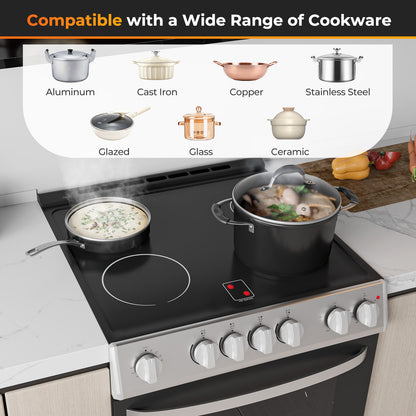 30 Inch Freestanding and Slide-in Kitchen Stove with 4 Burners Ceramic Cooktop-Silver