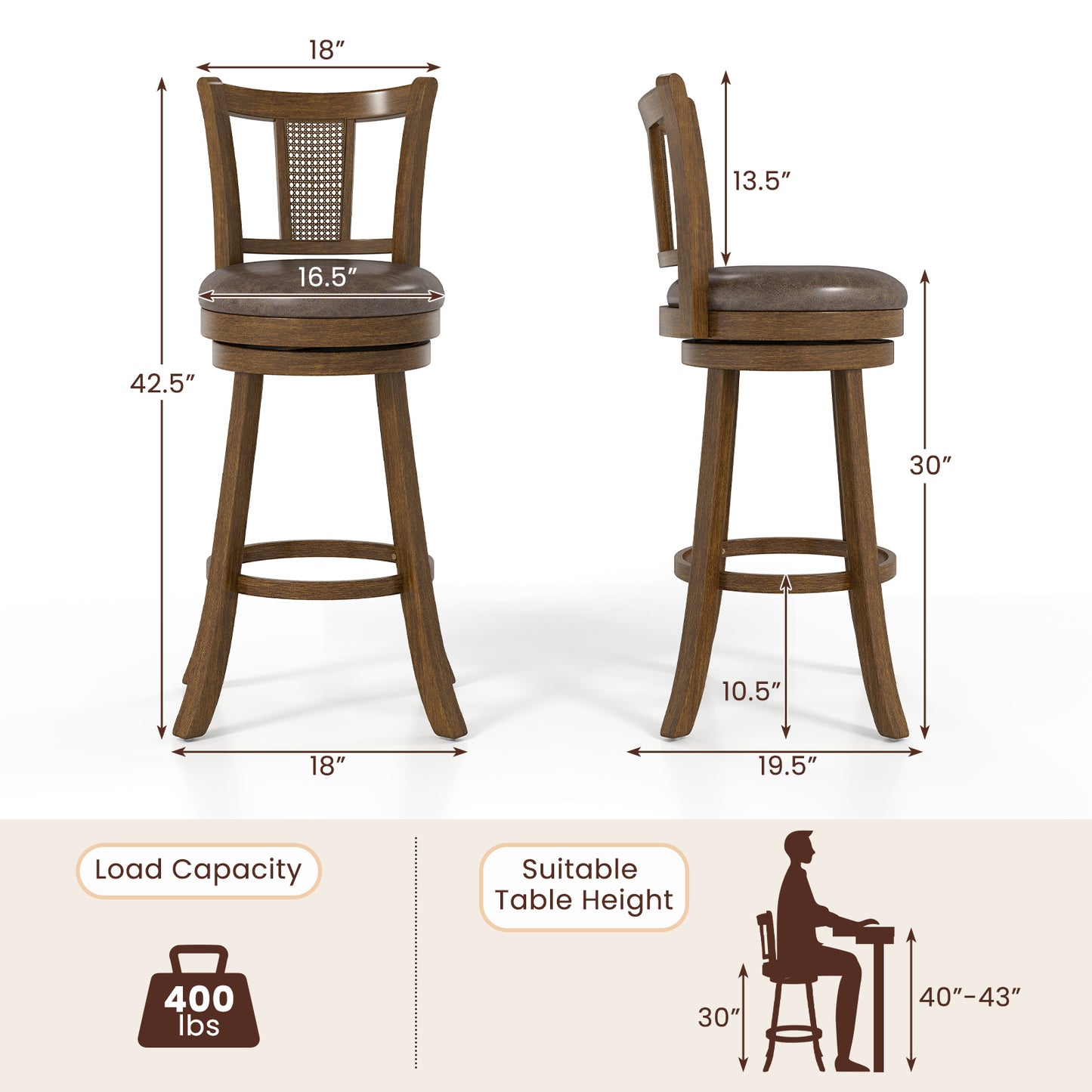 Swivel Bar Stools Set of 2 with Rattan Backrest - Brown