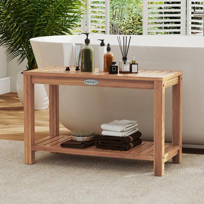 30 Inch Teak Wood Shower Bench Inside Shower Stool with Storage Shelf