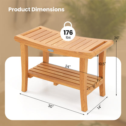 30 Inches Large Teak Shower Stool with Storage Shelf and Non-slip Footpads