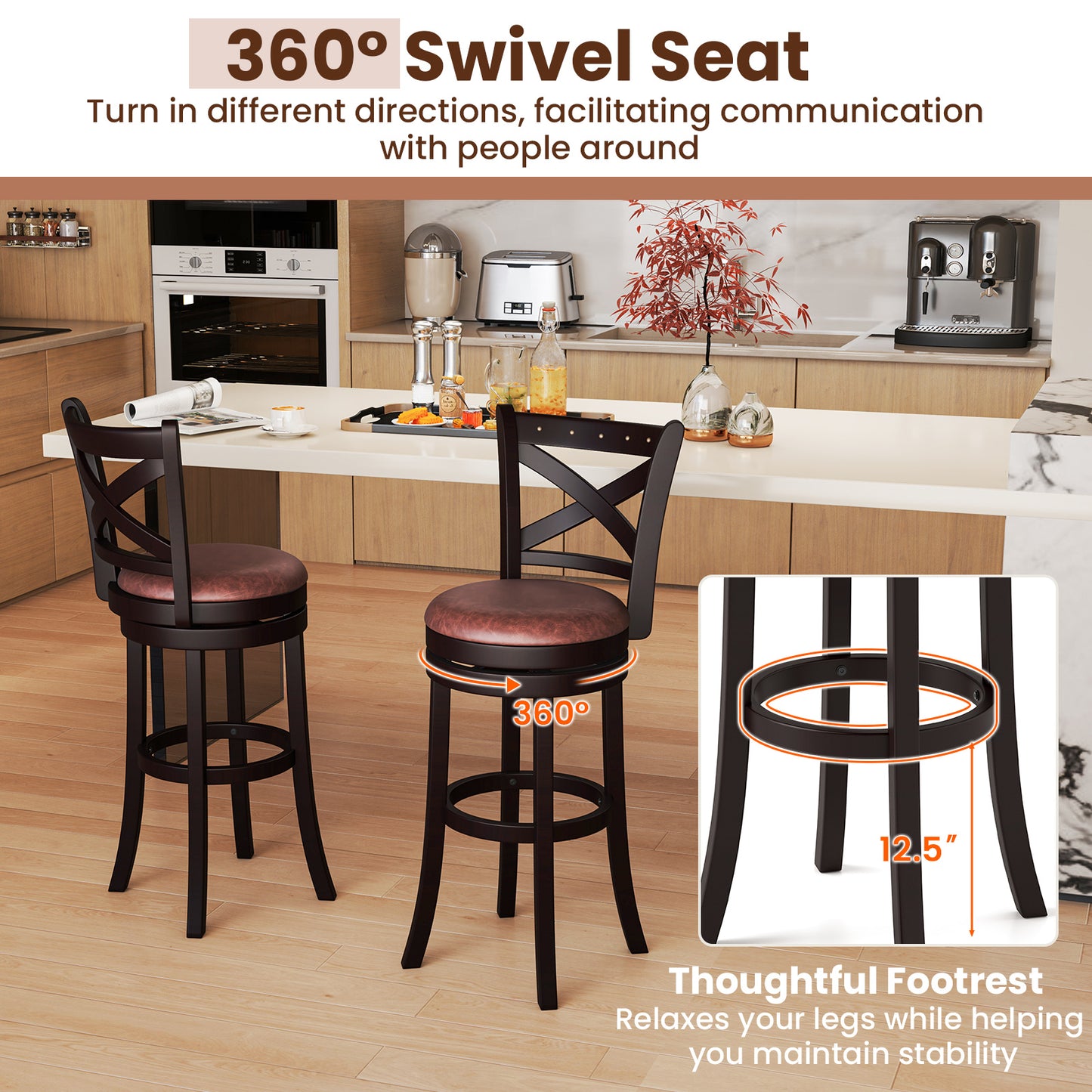 26/30 Inch Swivel Bar Stools Set of 2 Bar Chairs with Padded Seat-30 inches