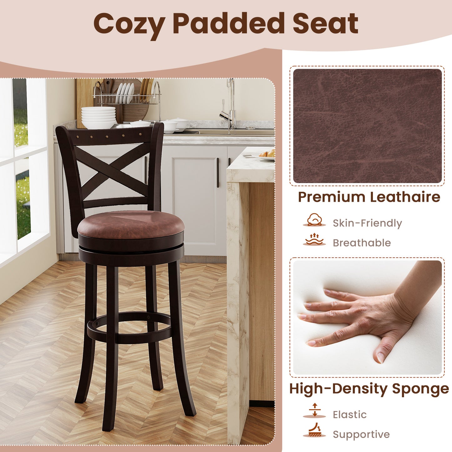 26/30 Inch Swivel Bar Stools Set of 2 Bar Chairs with Padded Seat-30 inches