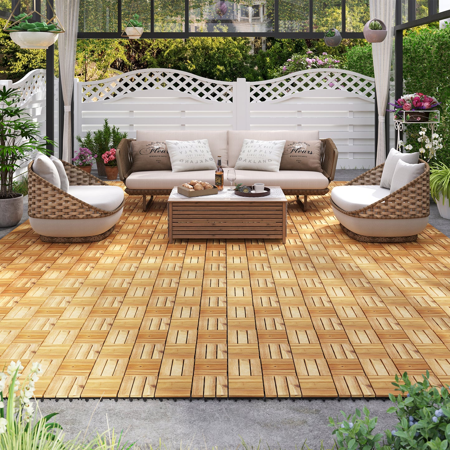 Pack of 30 Acacia Wood Interlocking Deck Tiles-Brown