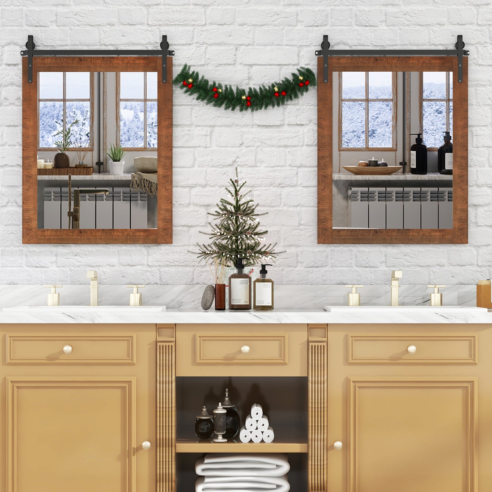 30 x 22 Inch Wall Mount Mirror with Wood Frame-Brown