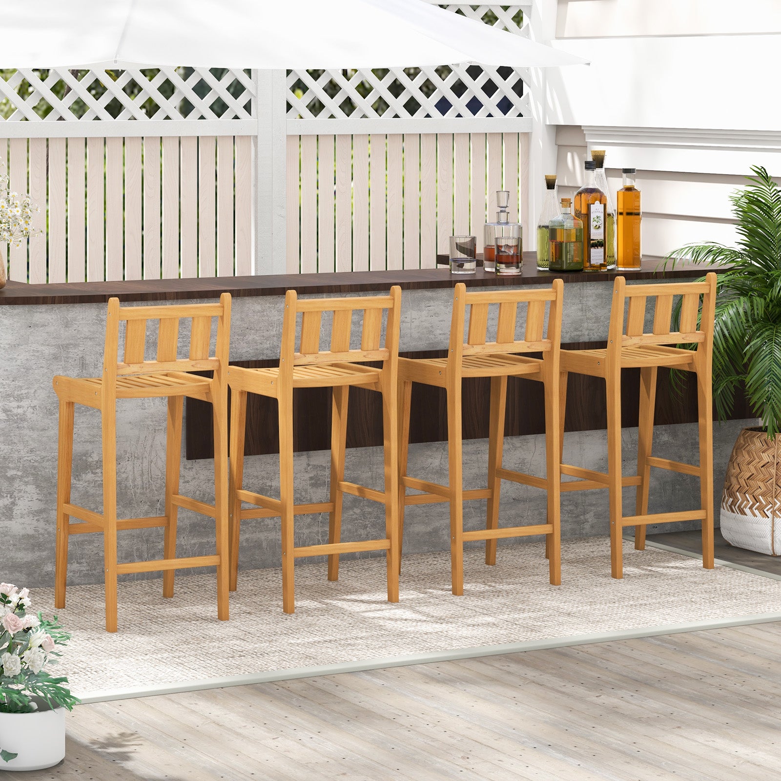 30 Inch Teak Wood Bar Chair with Footrest and Backrest for Deck Poolside Garden