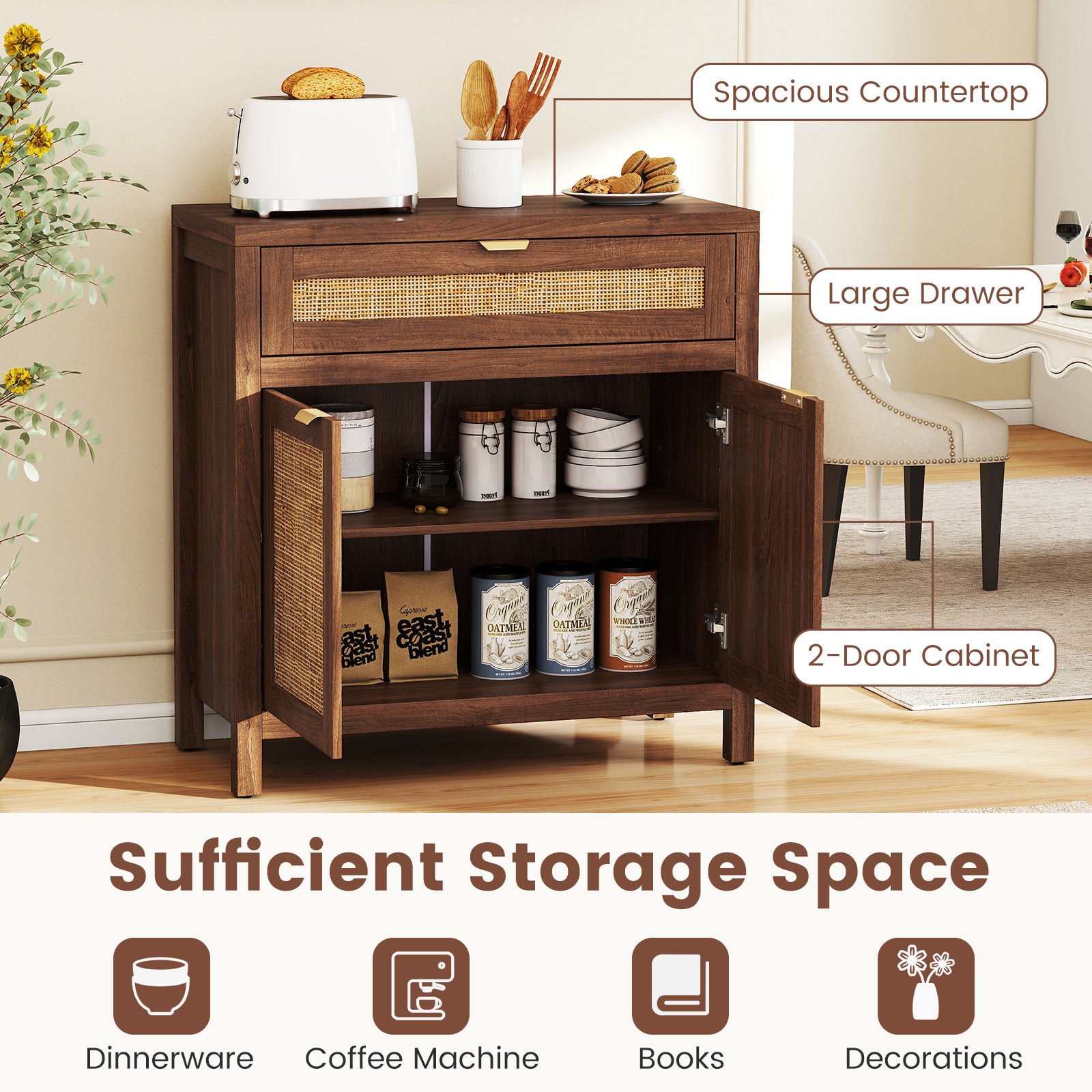 Sideboard Storage Cabinet with Rattan Doors and Drawer-Brown