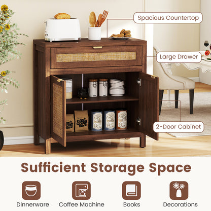Sideboard Storage Cabinet with Rattan Doors and Drawer-Brown