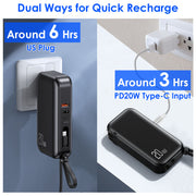10000mAh Portable Charger with US Plug 3 Inbuilt Cables