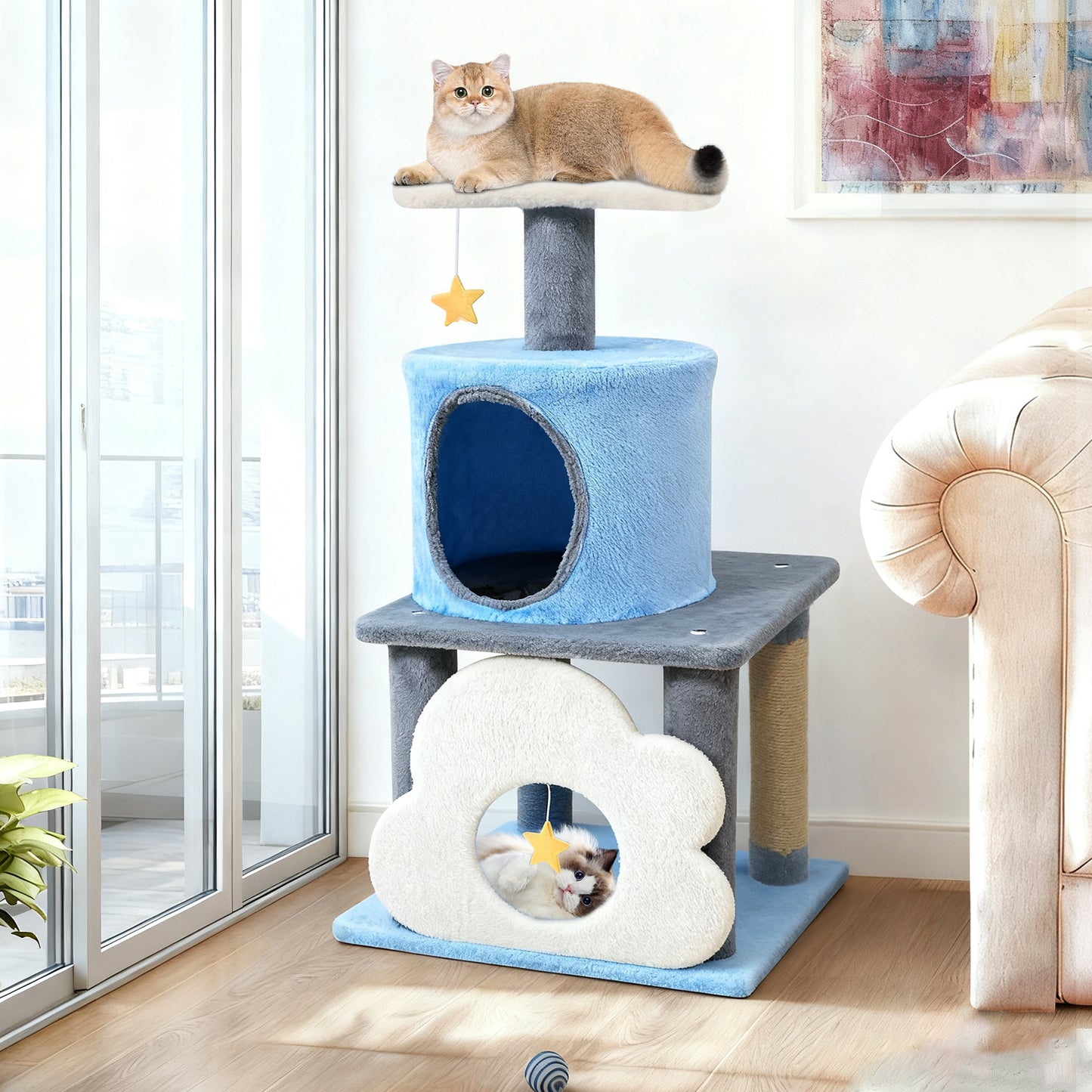 31.5" Cute Modern Cat Tree Multi-Level Kitten Tower-Blue