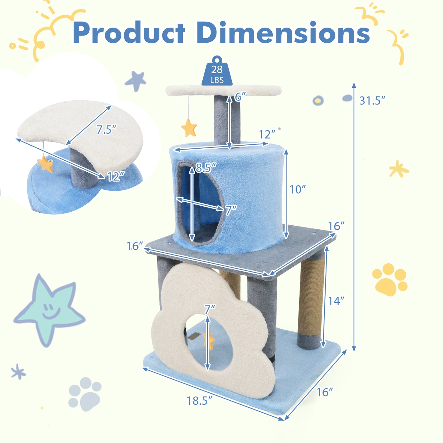 31.5" Cute Modern Cat Tree Multi-Level Kitten Tower-Blue