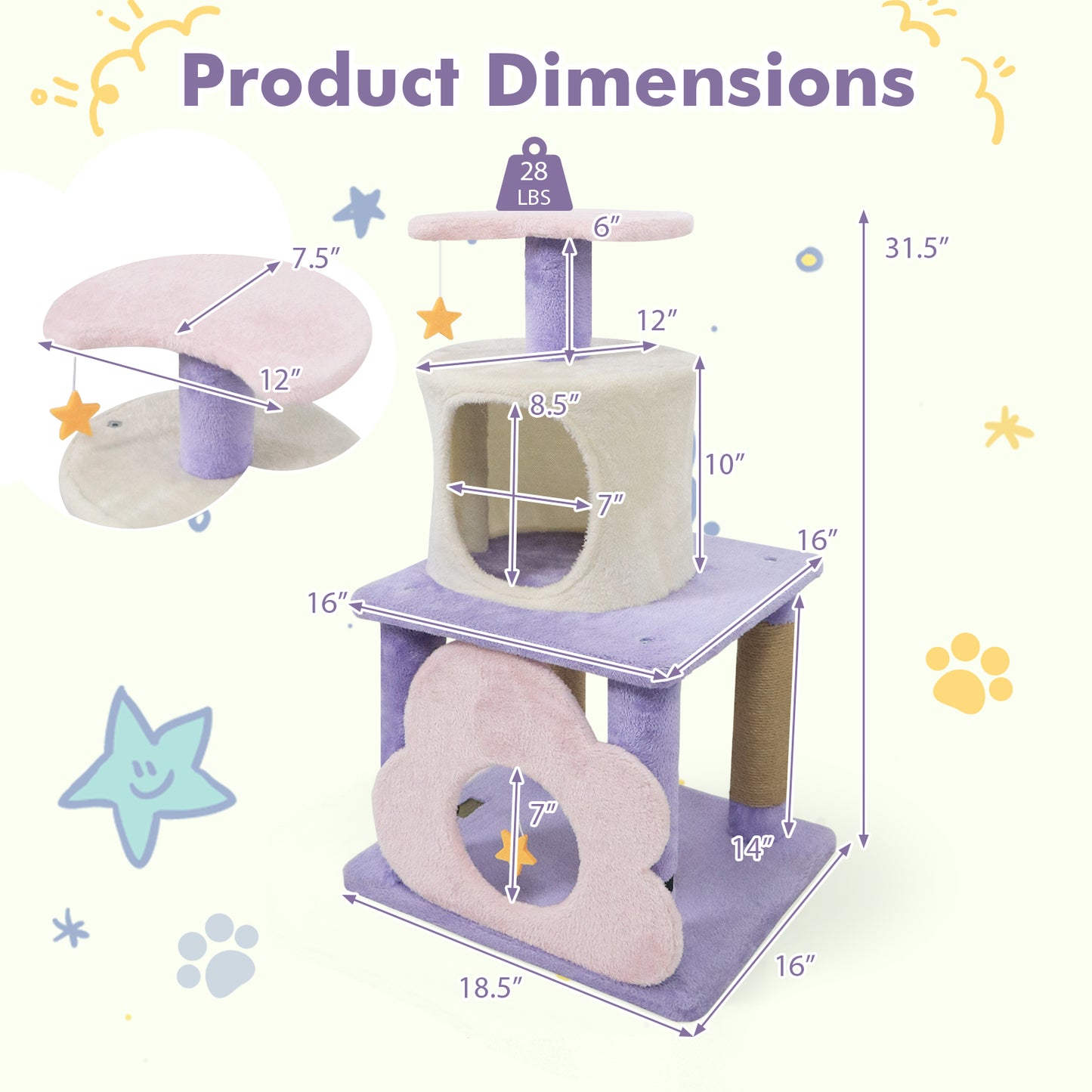 31.5" Cute Modern Cat Tree Multi-Level Kitten Tower-Purple