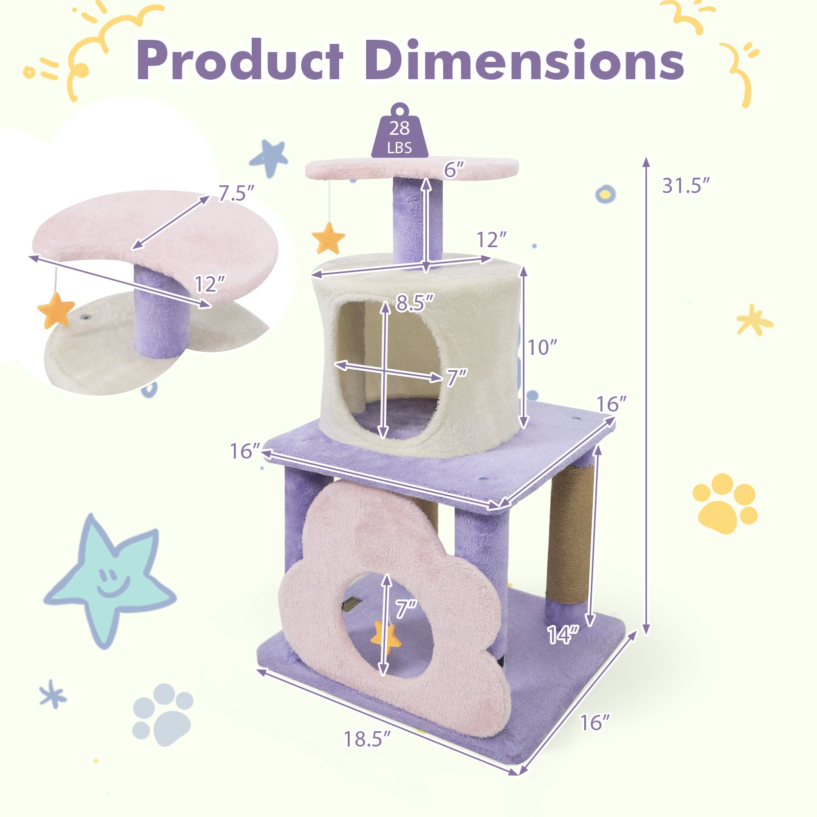 31.5" Cute Modern Cat Tree Multi-Level Kitten Tower-Purple