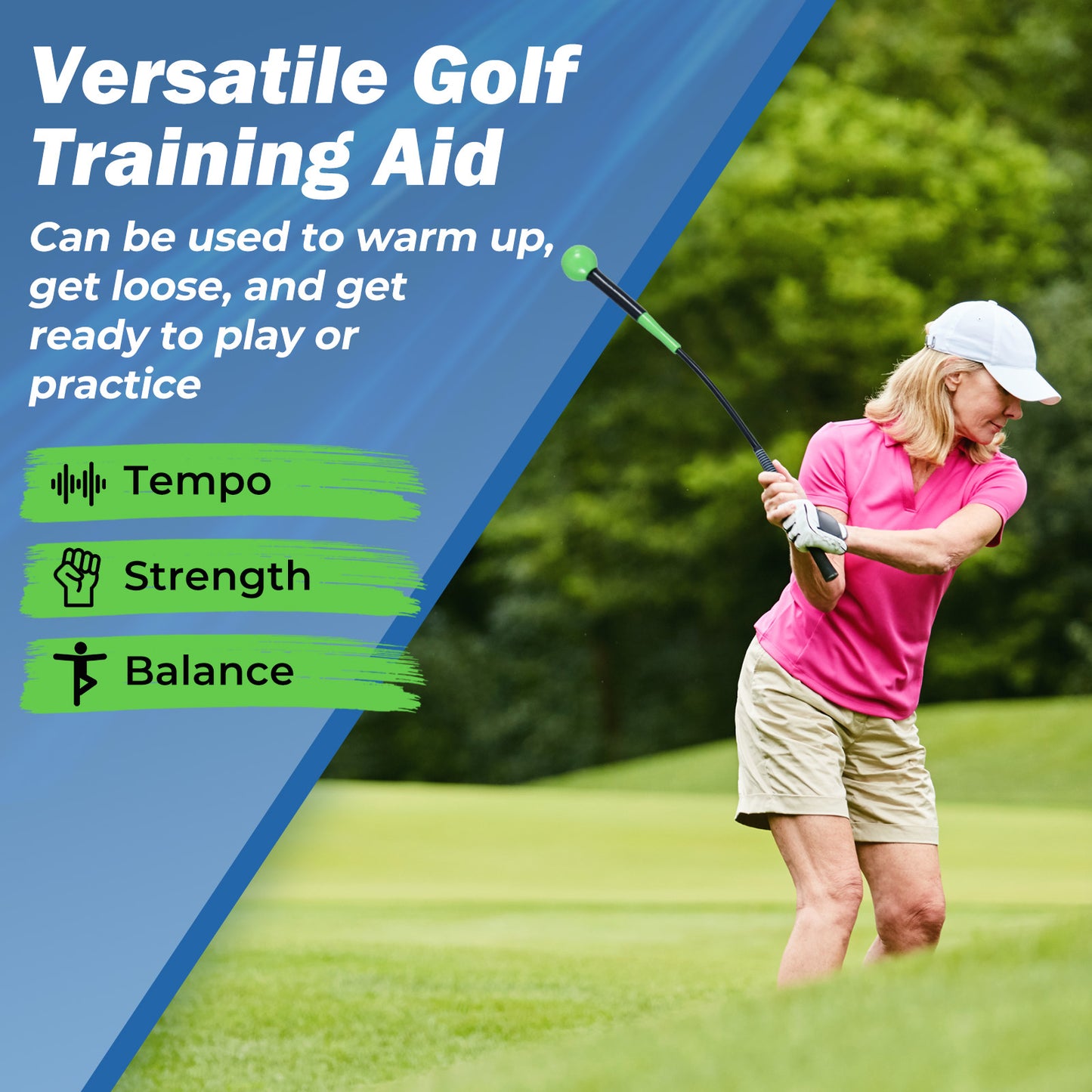 31.5 Inch Golf Swing Trainer Aid with Weighted Head for Grip Rhythm Balance-Green