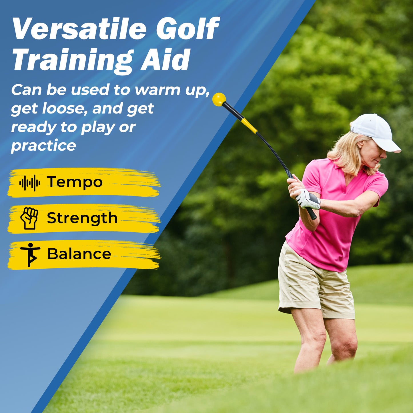 31.5 Inch Golf Swing Trainer Aid with Weighted Head for Grip Rhythm Balance-Yellow