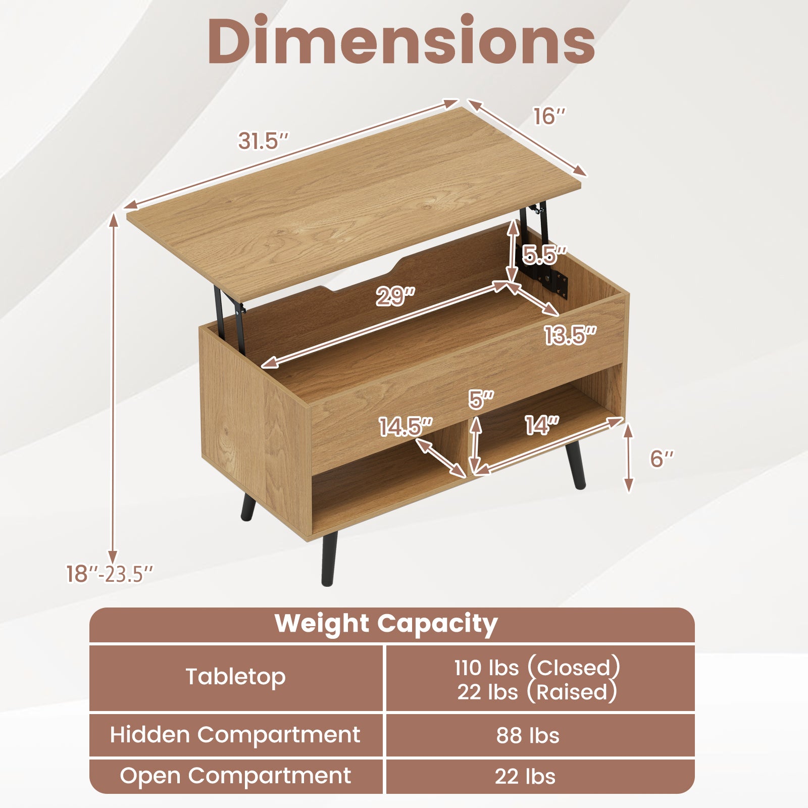 31.5 Inch Lift-Top Coffee Table with Hidden Storage and 2 Open Shelves-Natural