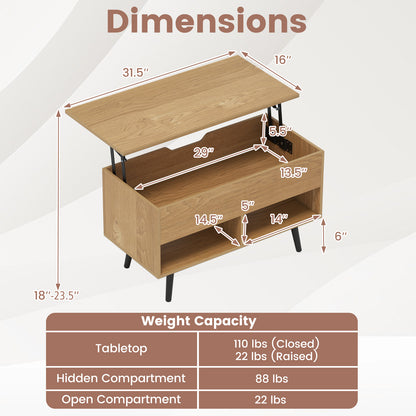 31.5 Inch Lift-Top Coffee Table with Hidden Storage and 2 Open Shelves-Natural