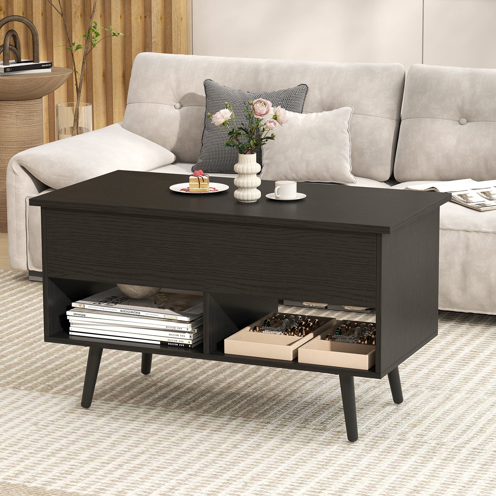 31.5 Inch Lift Top Coffee Table with Hidden Compartment and 2 Storage Shelves-Black