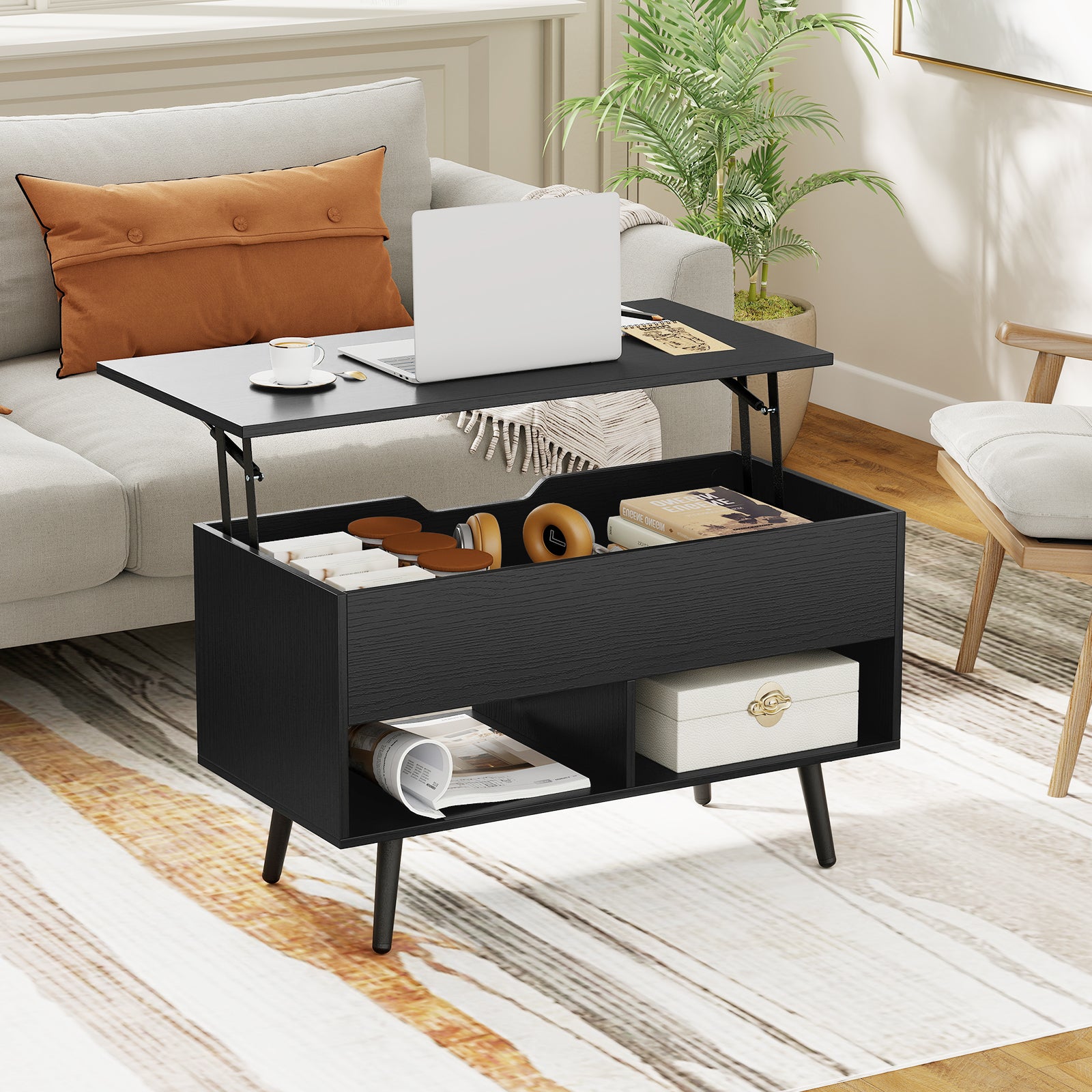 31.5 Inch Lift Top Coffee Table with Hidden Compartment and 2 Storage Shelves-Black