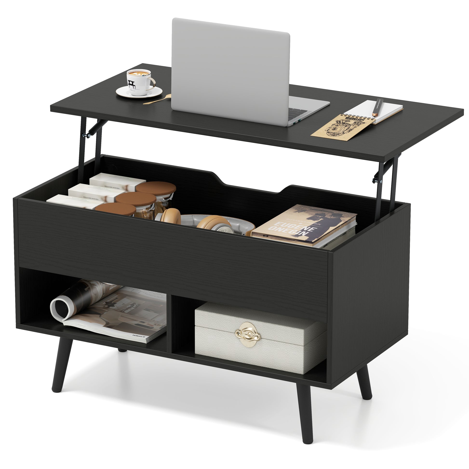 31.5 Inch Lift Top Coffee Table with Hidden Compartment and 2 Storage Shelves-Black