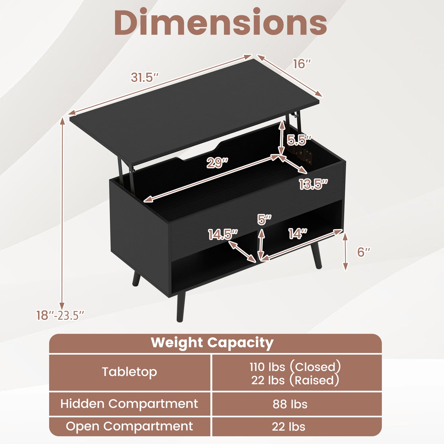 31.5 Inch Lift Top Coffee Table with Hidden Compartment and 2 Storage Shelves-Black