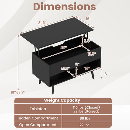 31.5 Inch Lift Top Coffee Table with Hidden Compartment and 2 Storage Shelves-Black