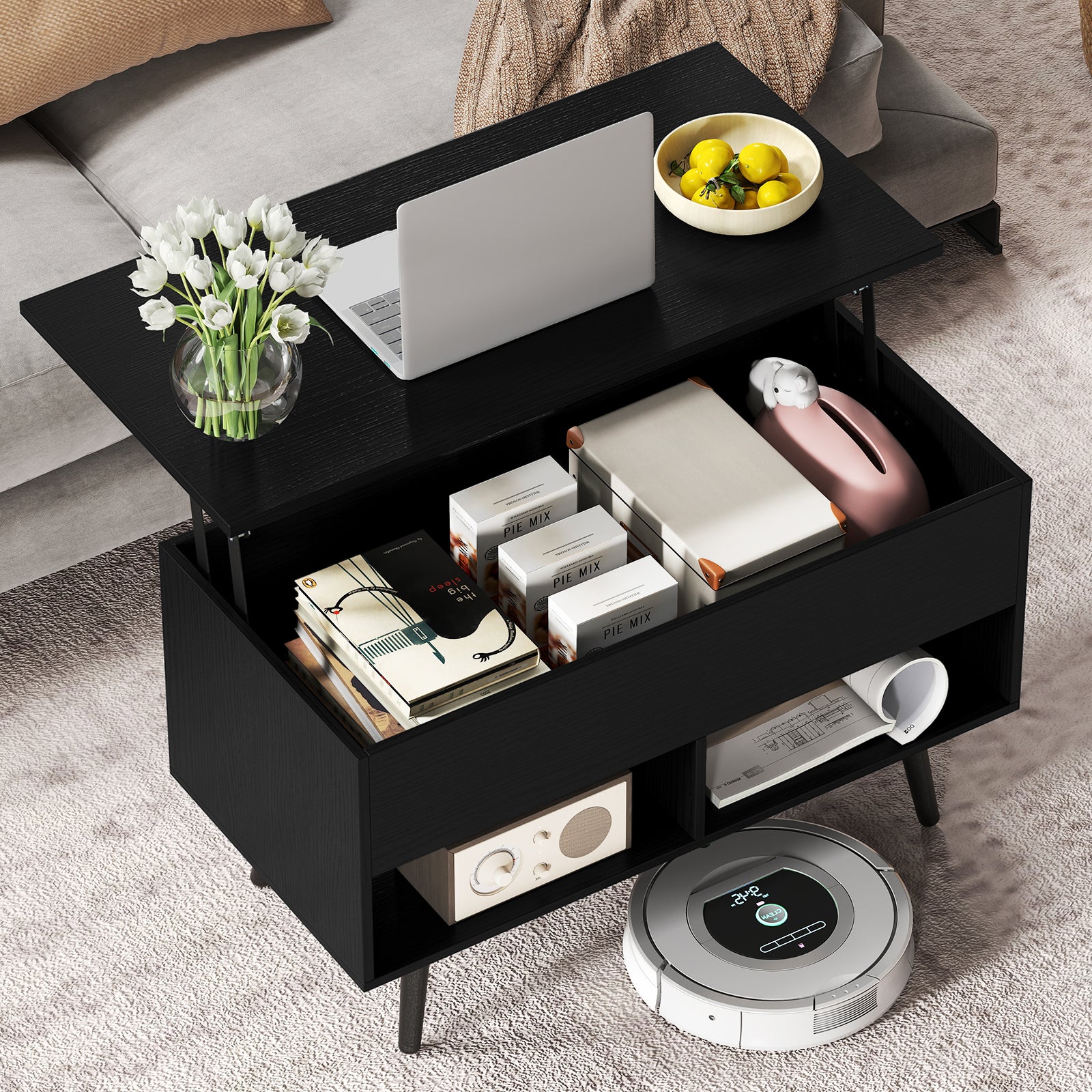 31.5 Inch Lift Top Coffee Table with Hidden Compartment and 2 Storage Shelves-Black