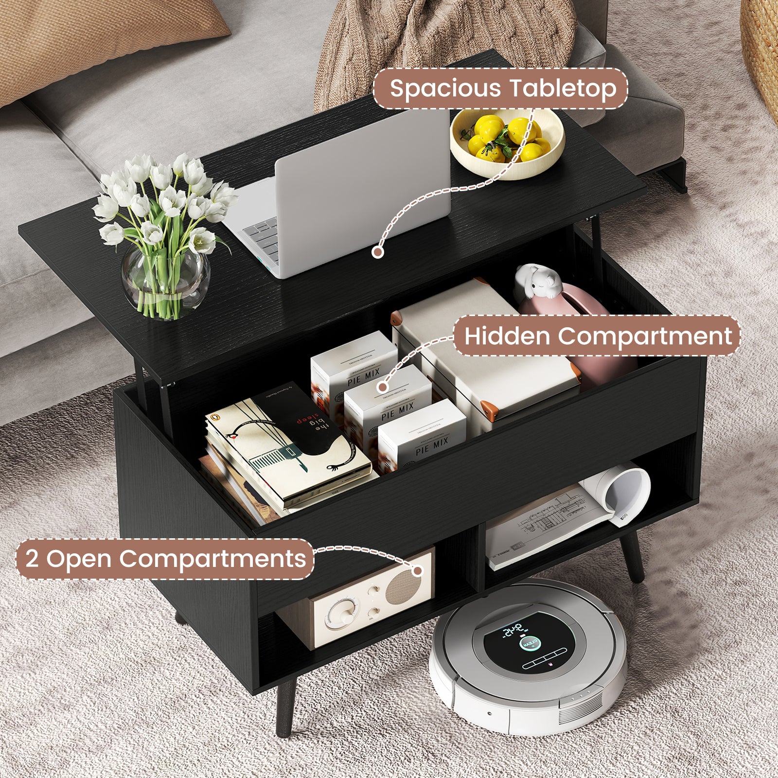 31.5 Inch Lift Top Coffee Table with Hidden Compartment and 2 Storage Shelves-Black