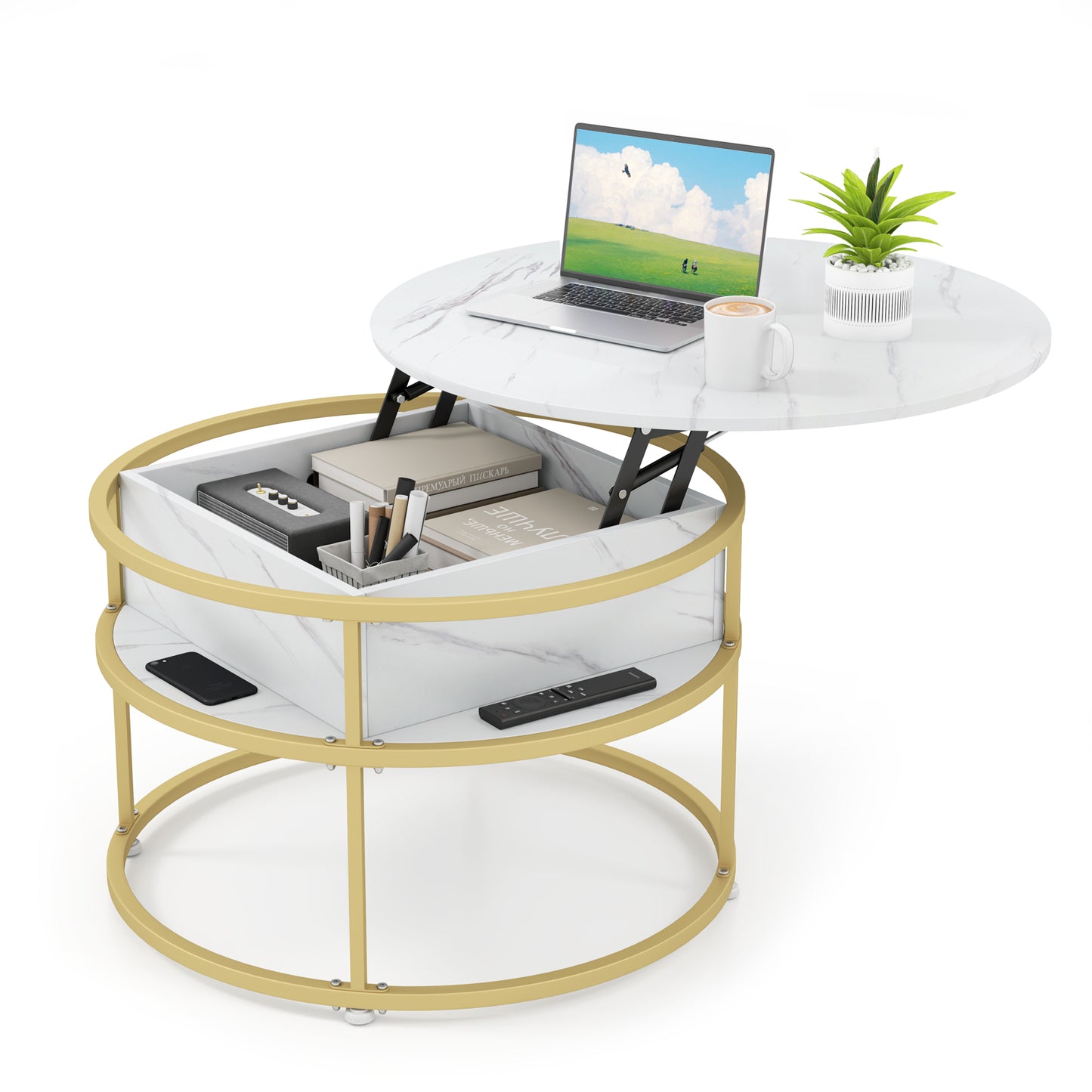 31.5 Inch Round Lift Top Coffee Table with Hidden Compartment and Side Shelves-White