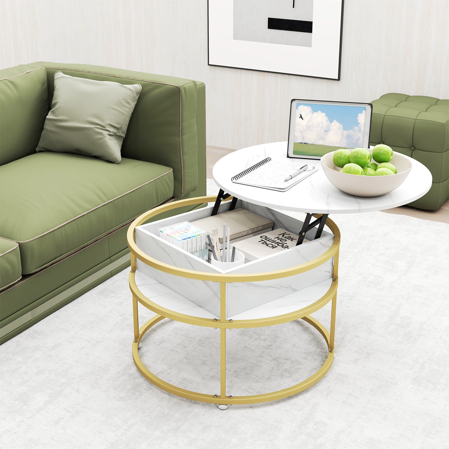 31.5 Inch Round Lift Top Coffee Table with Hidden Compartment and Side Shelves-White