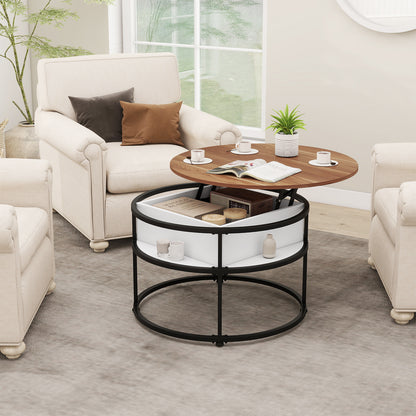 31.5 Inch Round Lift Top Coffee Table with Hidden Compartment and Side Shelves-Teak