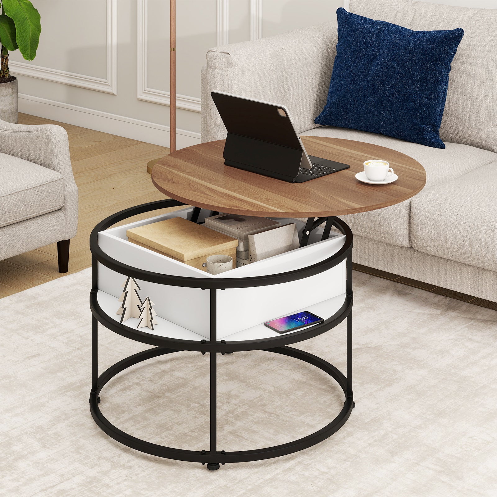 31.5 Inch Round Lift Top Coffee Table with Hidden Compartment and Side Shelves-Teak