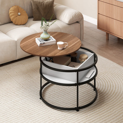 31.5 Inch Round Lift Top Coffee Table with Hidden Compartment and Side Shelves-Teak