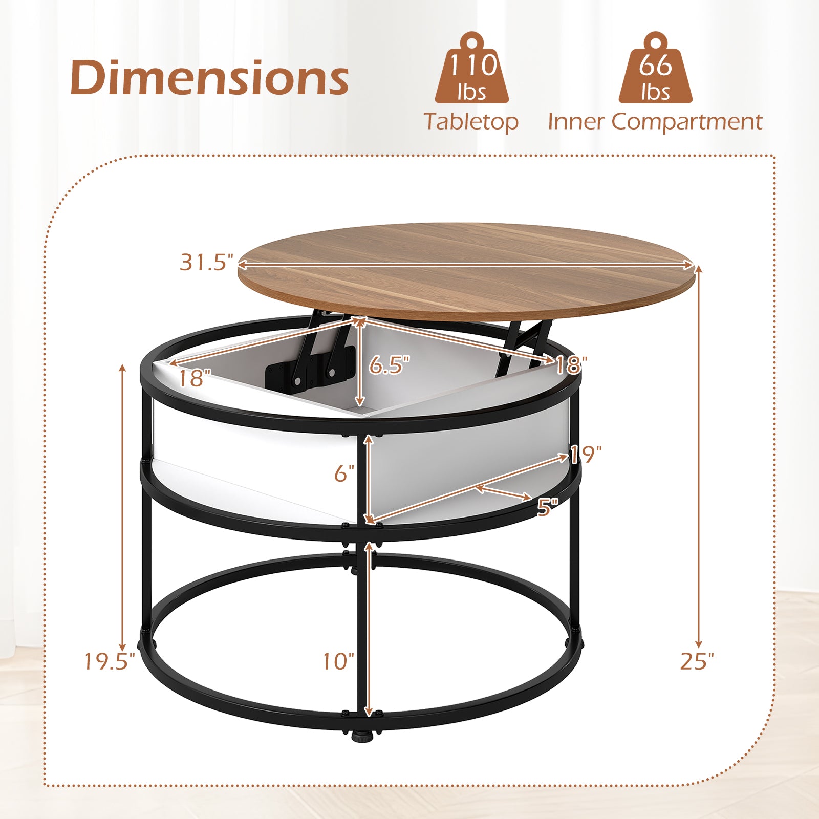 31.5 Inch Round Lift Top Coffee Table with Hidden Compartment and Side Shelves-Teak