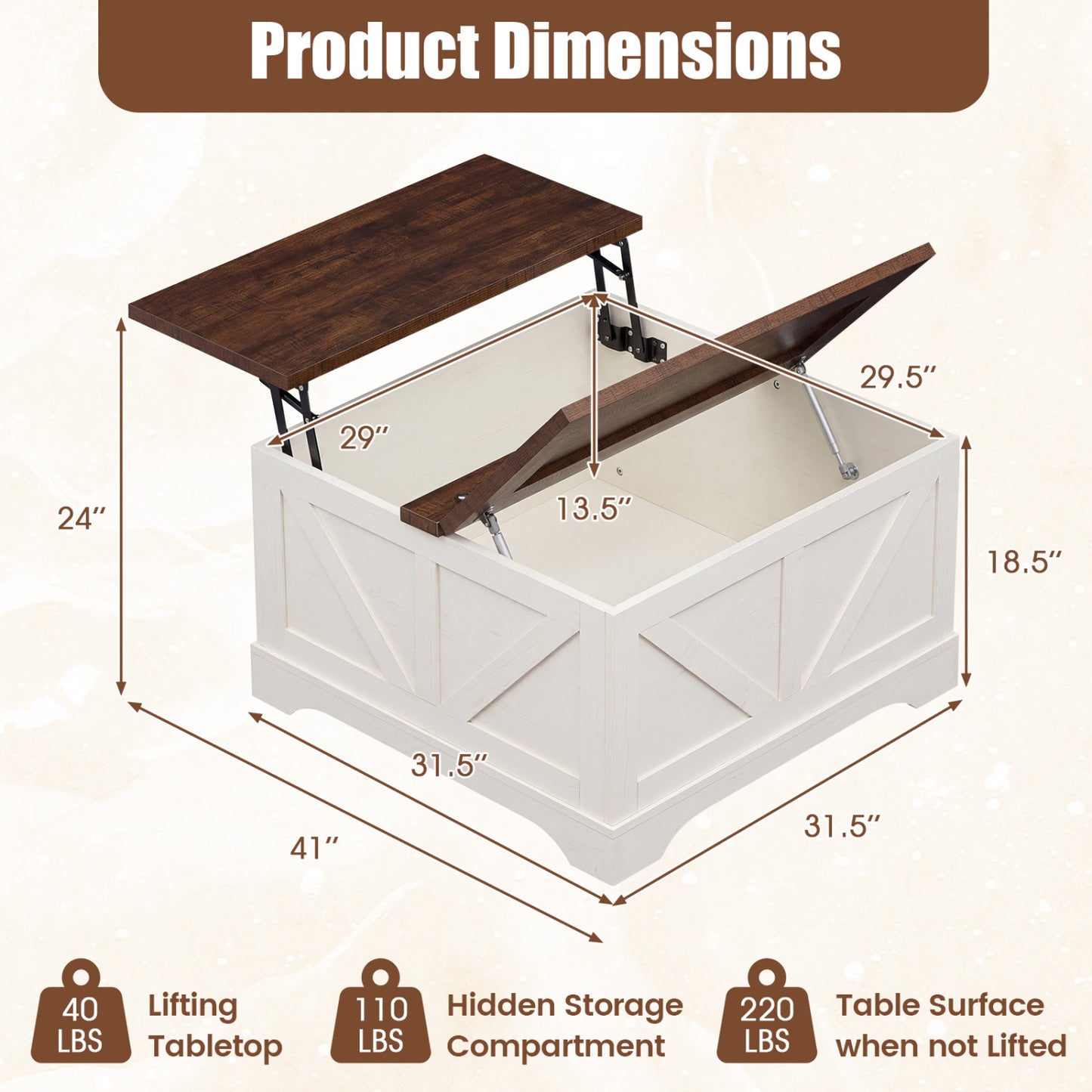 31.5 Inch Square Coffee Table with Lifting Tabletop and Hidden Compartment