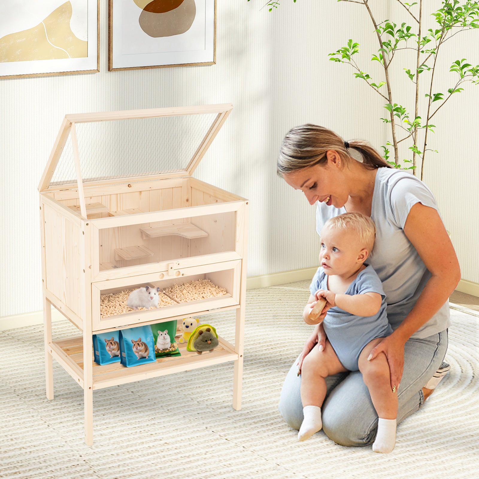 31.5 Inches Freestanding Hamster Cage Wooden Hamster Habitat Playpen-Natural