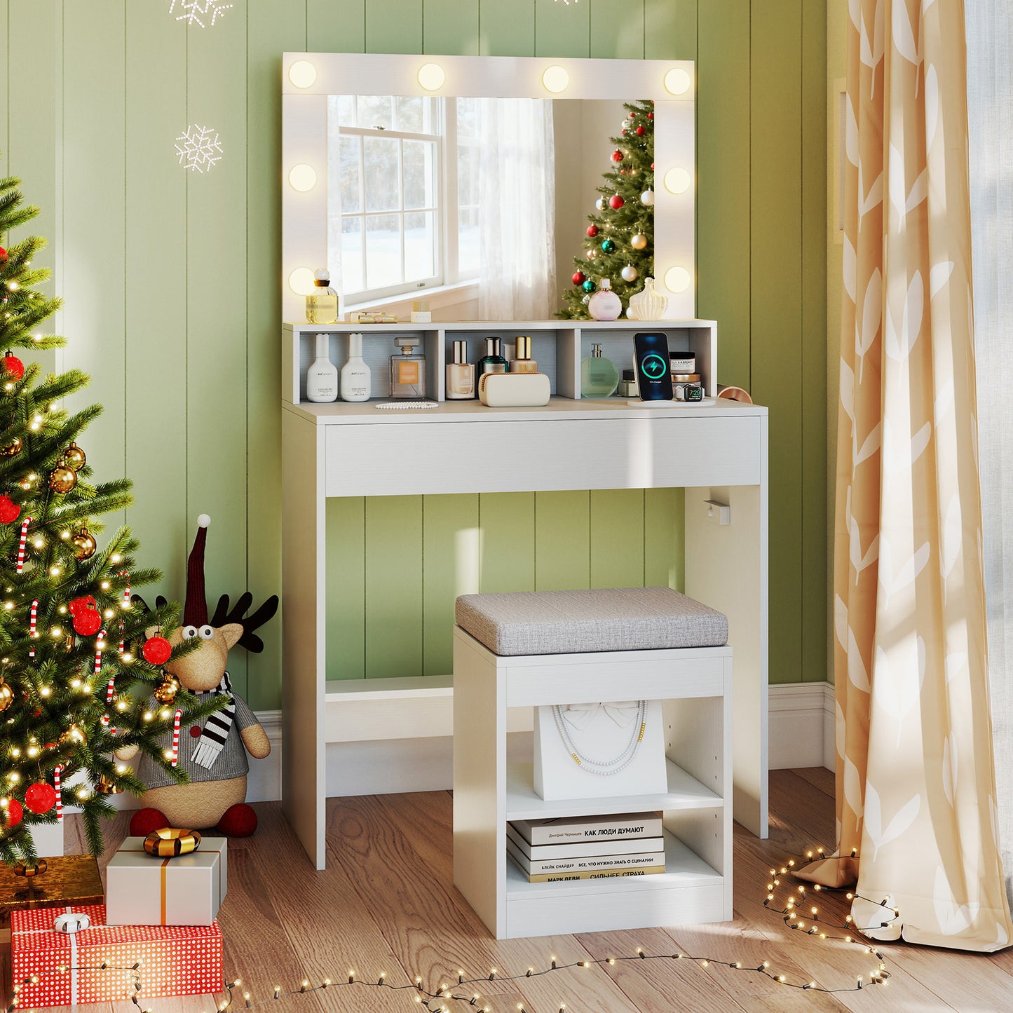 31.5 Inches Vanity Desk with 3 Lighting Modes and Storage Shelves-White