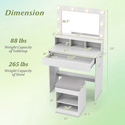 31.5 Inches Vanity Desk with 3 Lighting Modes and Storage Shelves-White