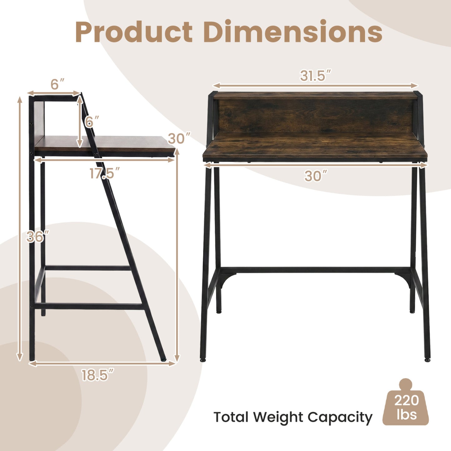 31.5" Industrial Desk with Raised Shelf Metal Frame