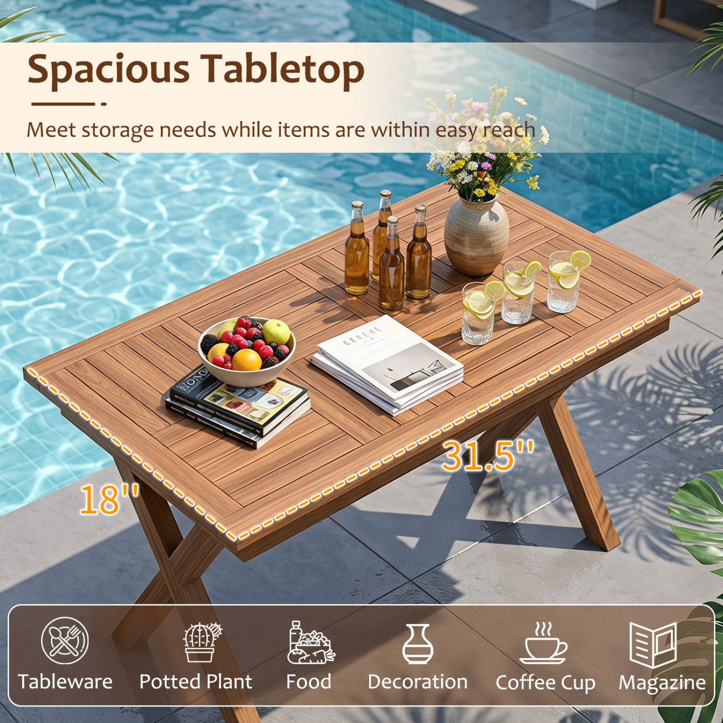 Teak Wood Outdoor Coffee Table 31.5" with Slatted Top
