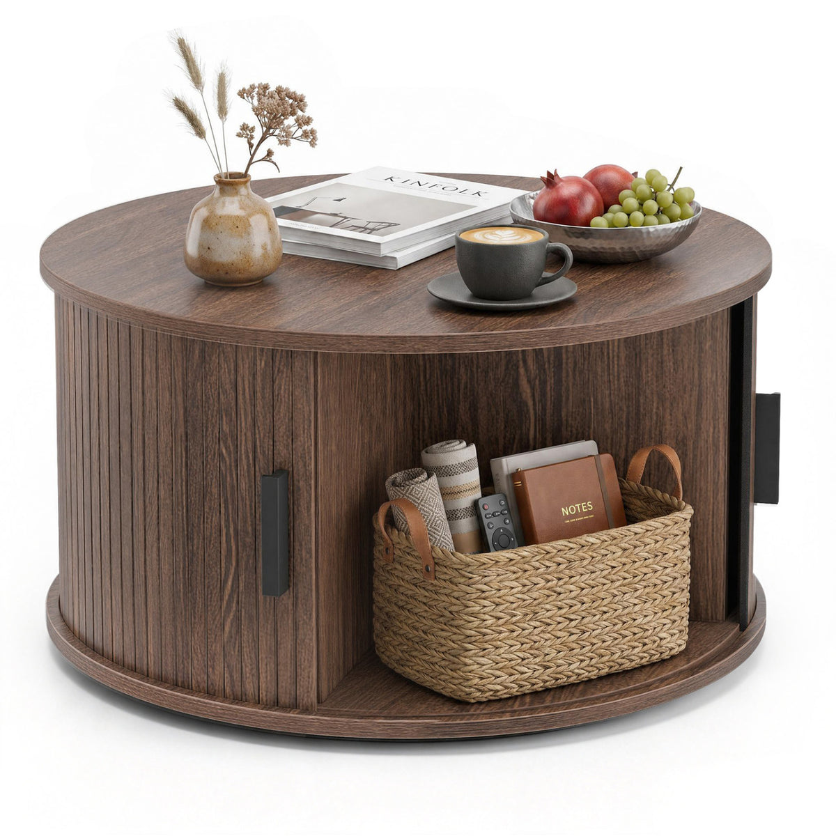 Round Coffee Table with Sliding Tambour Door Storage