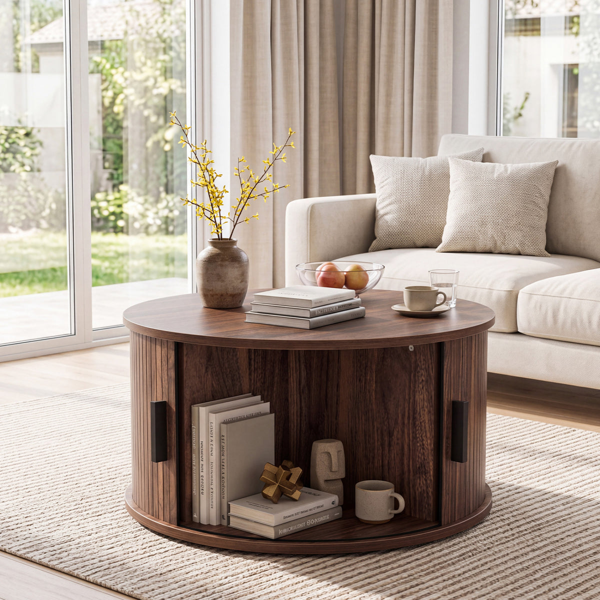 Round Coffee Table with Sliding Tambour Door Storage