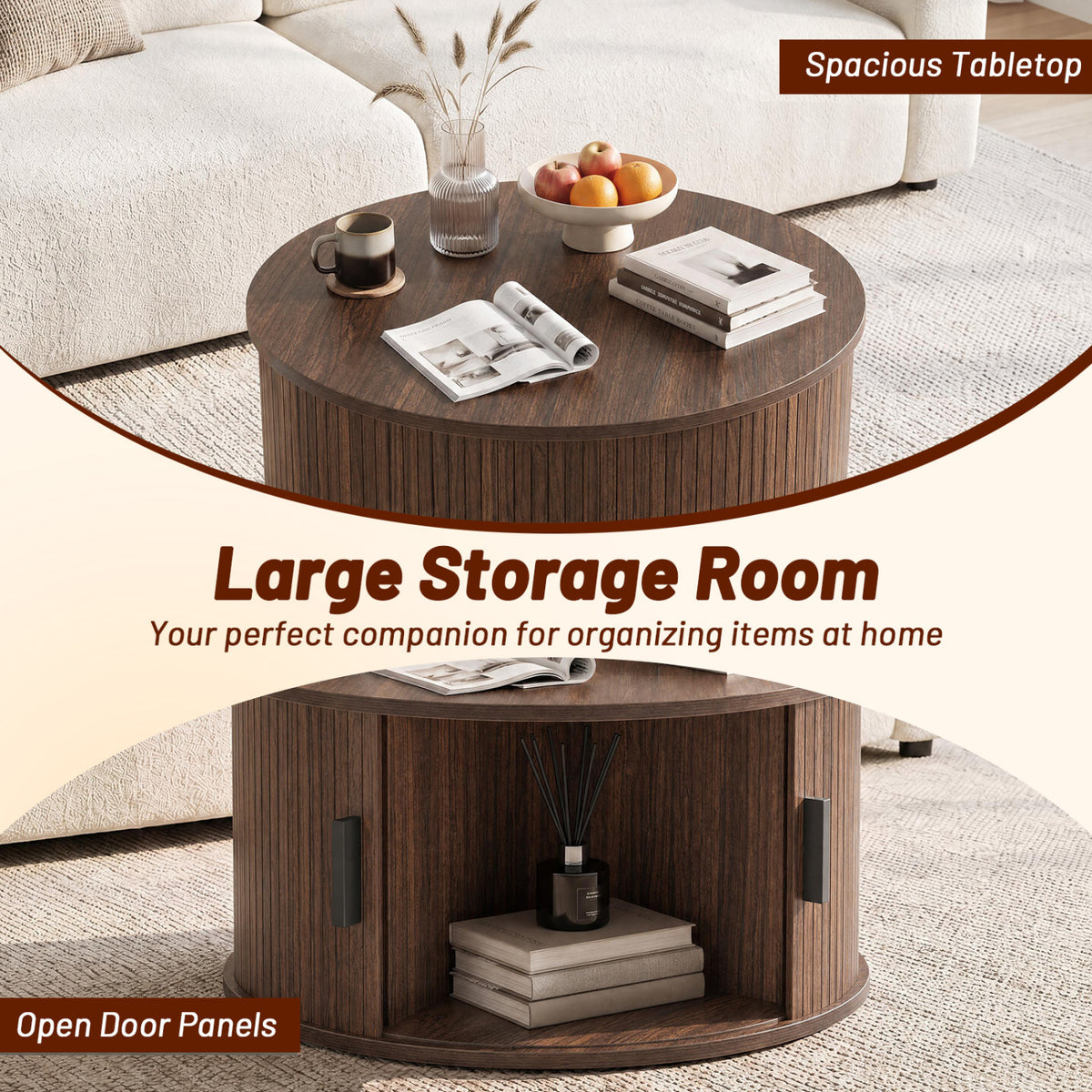 Round Coffee Table with Sliding Tambour Door Storage