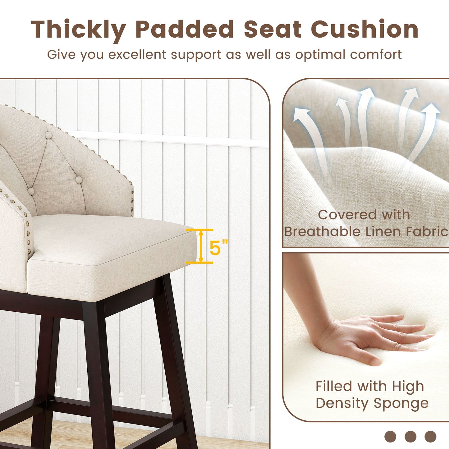 31 Inch Bar Stools Set of 4 Padded Bar Height Chairs with Rubber Wood Frame Swivel Seat-Beige