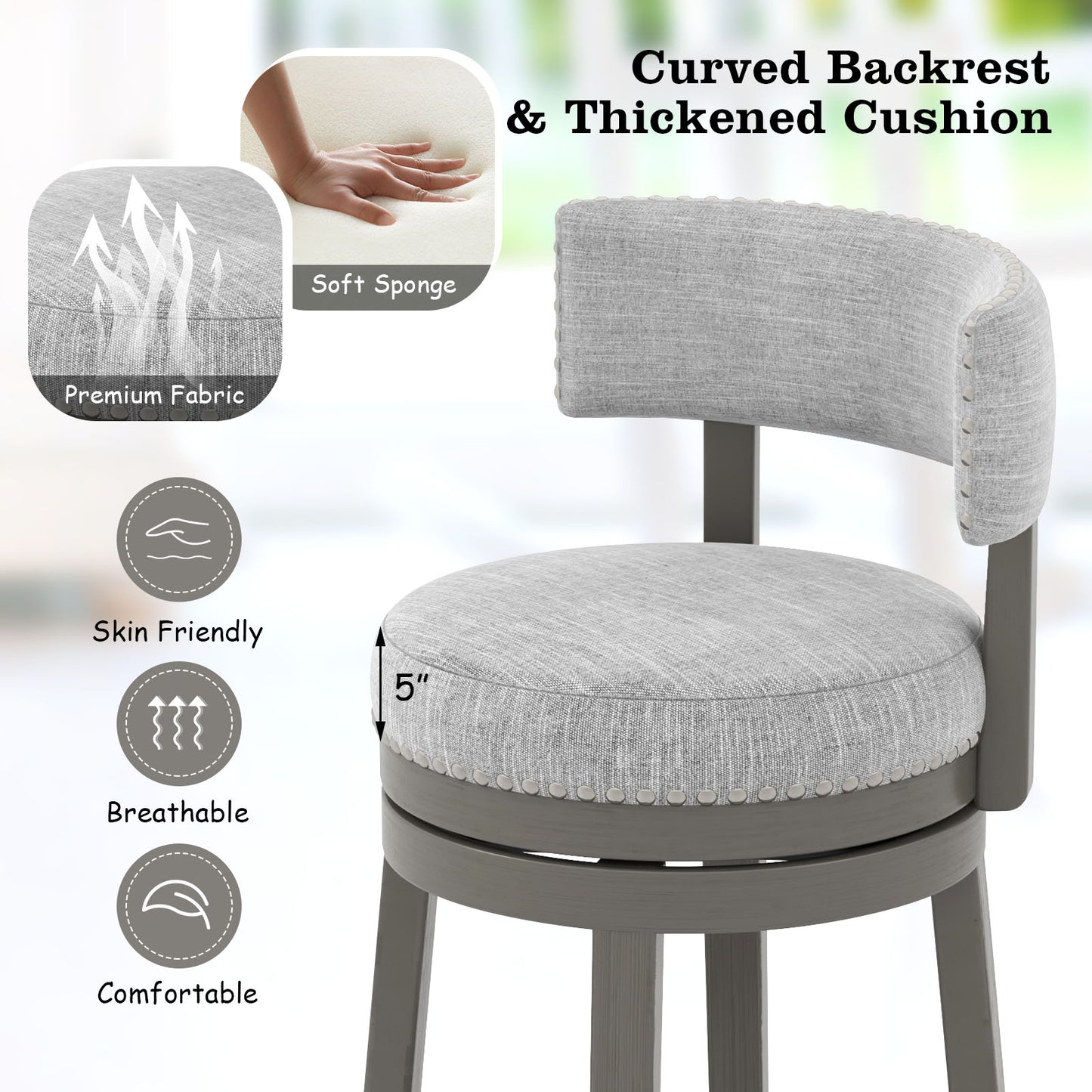 27/31 Inch Swivel Bar Stool with Upholstered Back Seat and Footrest-31 inches