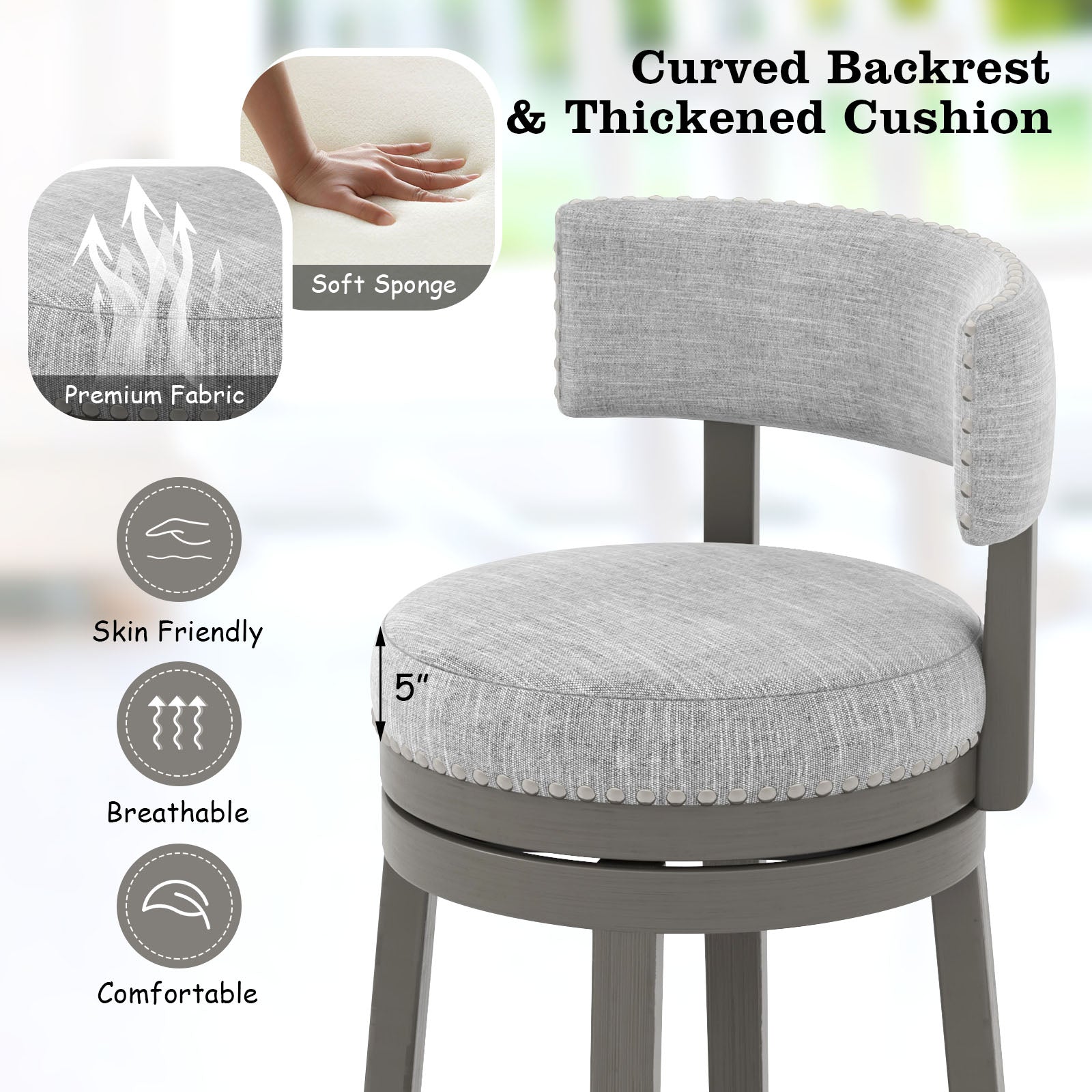 27/31 Inch Swivel Bar Stool with Upholstered Back Seat and Footrest-31 inches